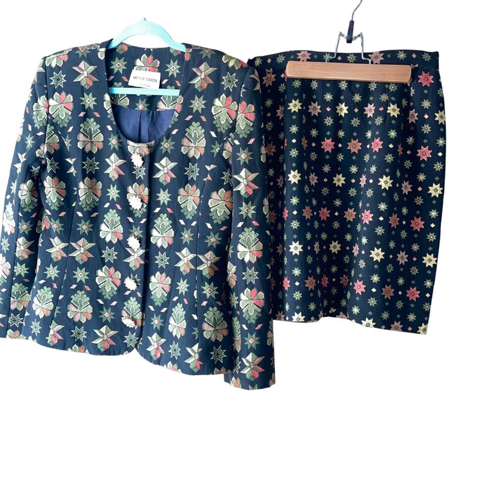 Victor Costa Vintage Womens Skirt Suit Size 10 Multicolor Brocade Star Print - Picture 12 of 16